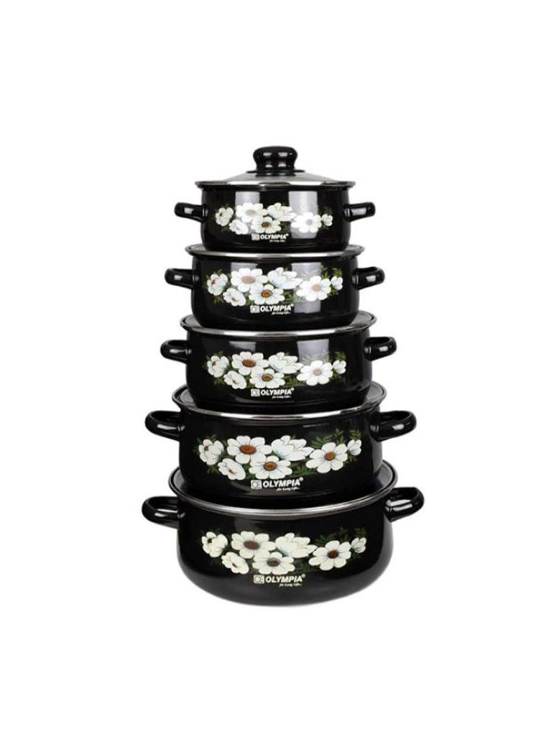 Olympia 10 Pieces Casserole Set Enamel Cooking Pots with Glass Lids, Floral Design, Durable Non-Stick Finish, Heat Resistant Handles, Multiple Sizes for Everyday Home Cooking - Image 1